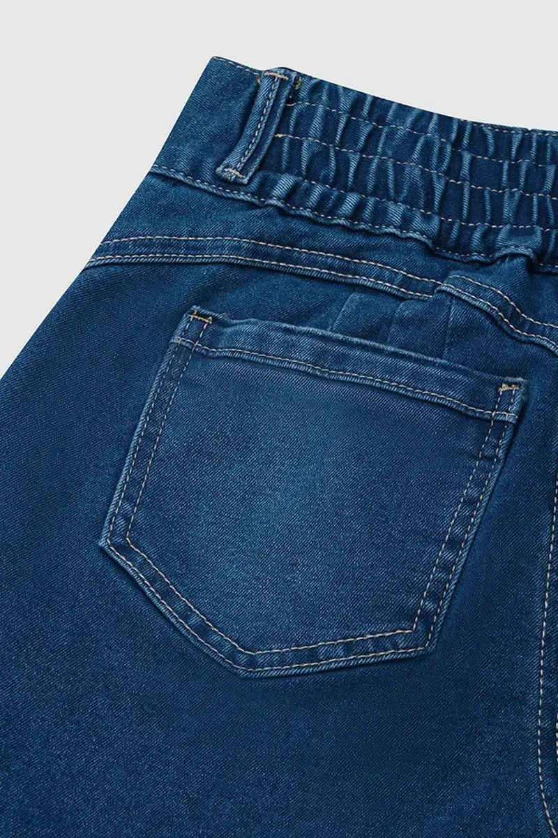Wash Button Up Elastic High Waist Denim Bermuda Shorts