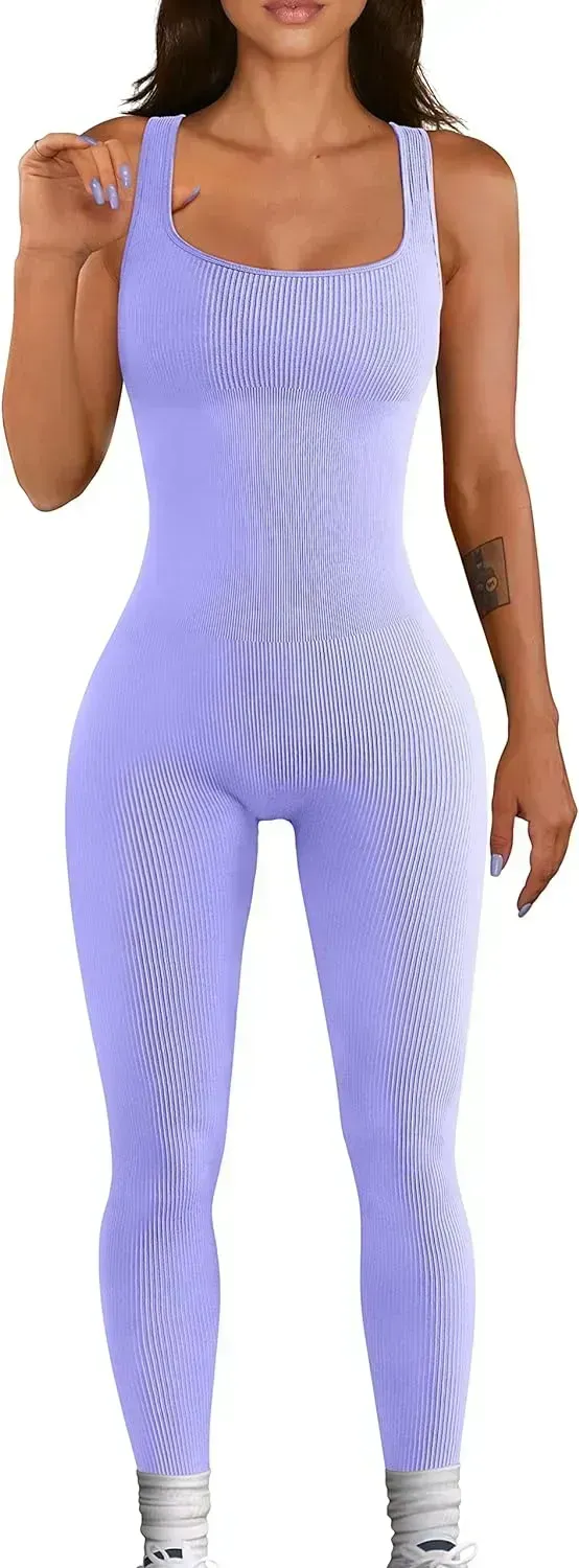 Women's Yoga Ribbed One Piece Tank Tops Rompers Sleeveless Exercise Jumpsuits