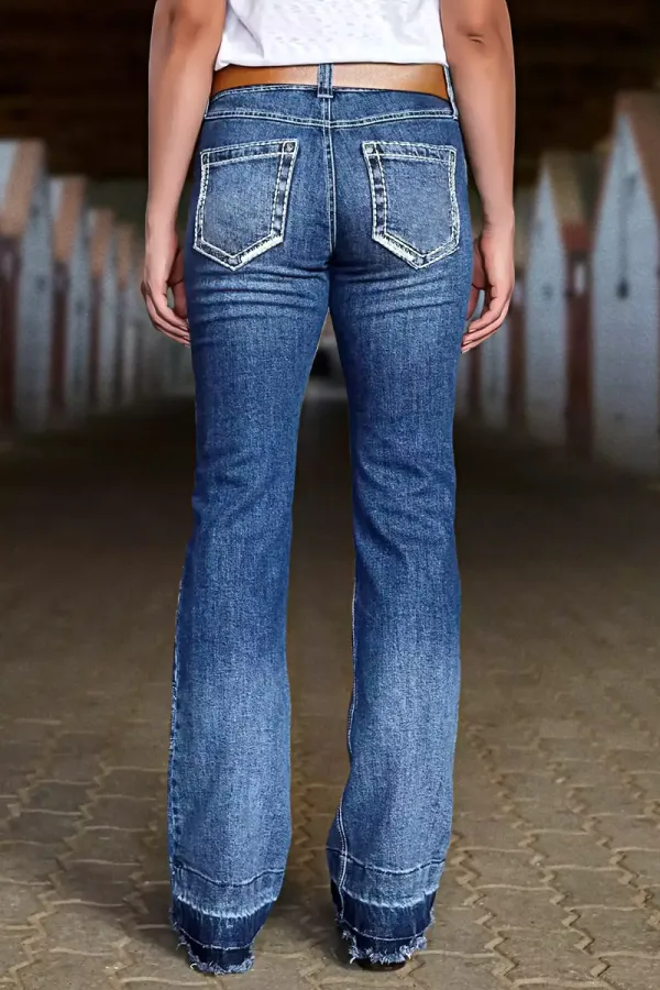Wash Stitch Detail Raw Hem Mid Rise Bootcut Jeans Without Belt