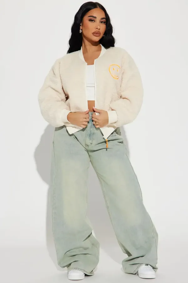 Fake Smiles Embroidered Sherpa Jacket - Cream