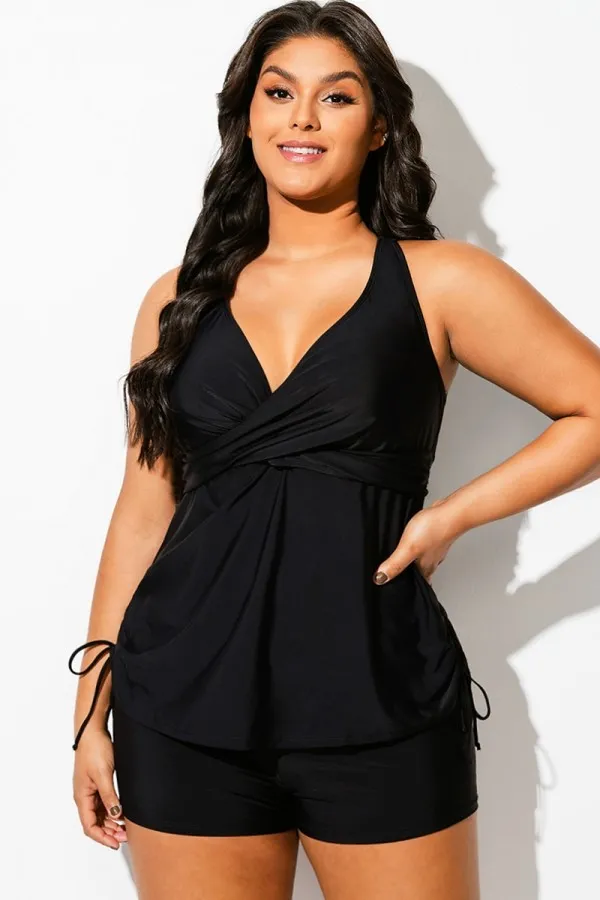 Solid Drawstring Side Adjustable Strap Tankini Top