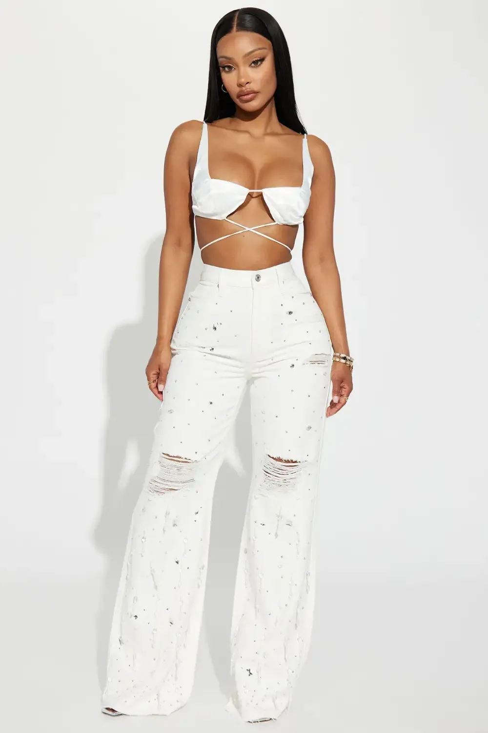 Oh So Icy Embellished Non Stretch Wide Leg Jean - White