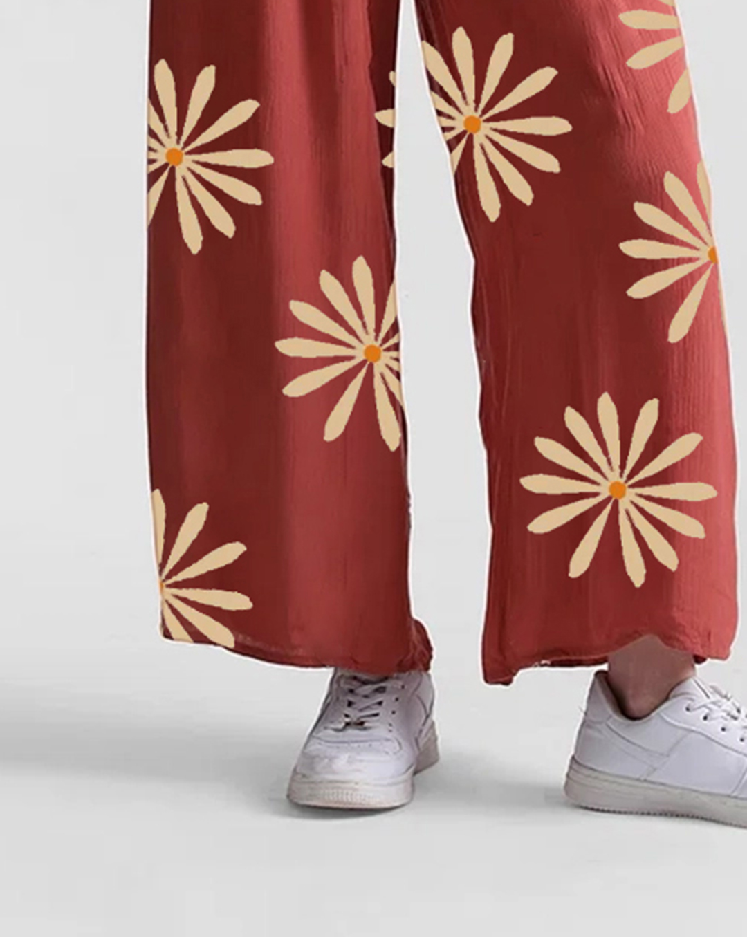 Rust Red Puff Sleeve Daisy Print Jumpsuit