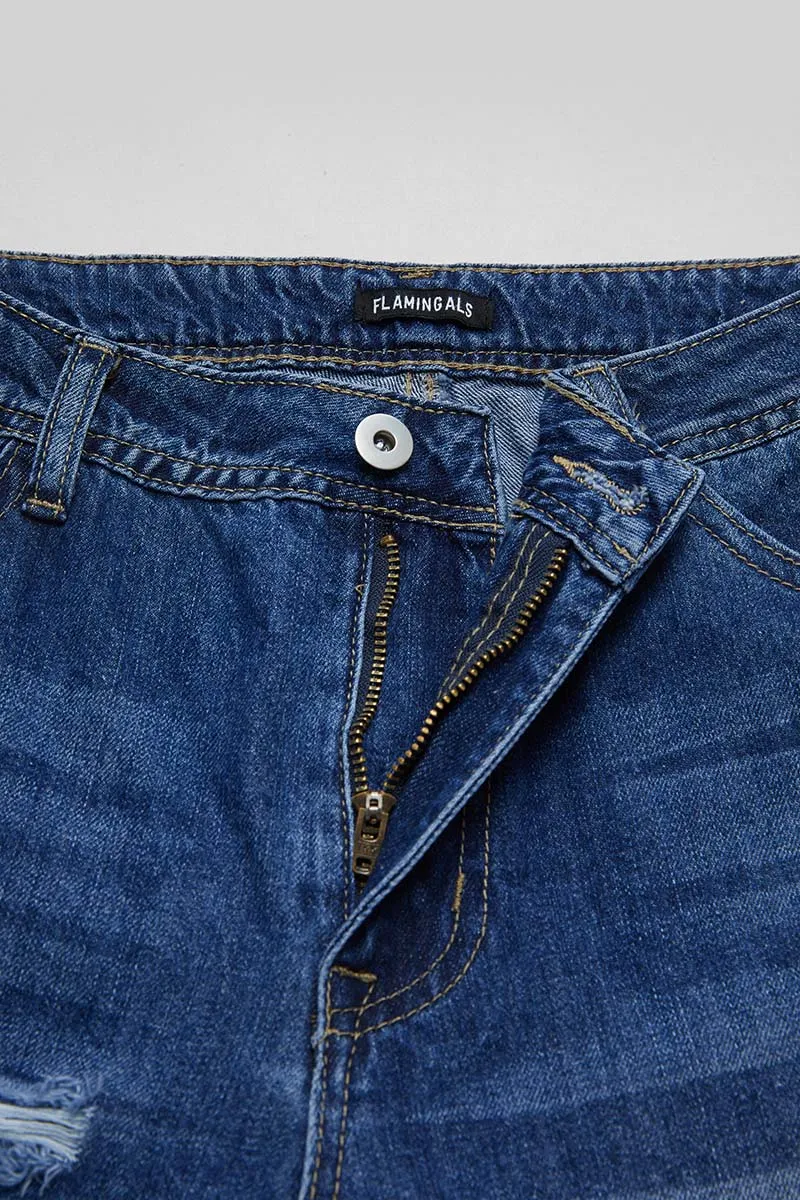 Ripped Raw Hem Mid Rise Straight Leg Cropped Jeans