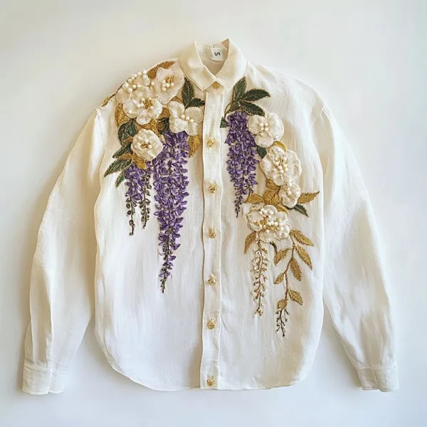 Women's Floral Embroidered Art Linen Blend Shirt
