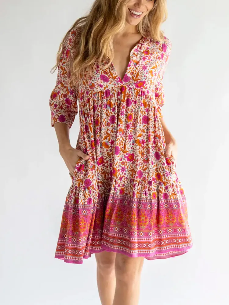 Women's Casual Floral Print Cotton And Linen Dress