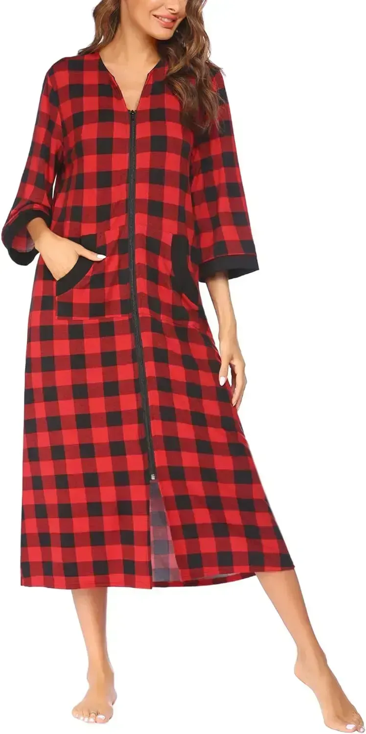 Women Zipper Robe 3/4 Sleeves Loungewear Dress Full Length Sleepwear Pockets Housecoat Nightgown Long Bathrobe