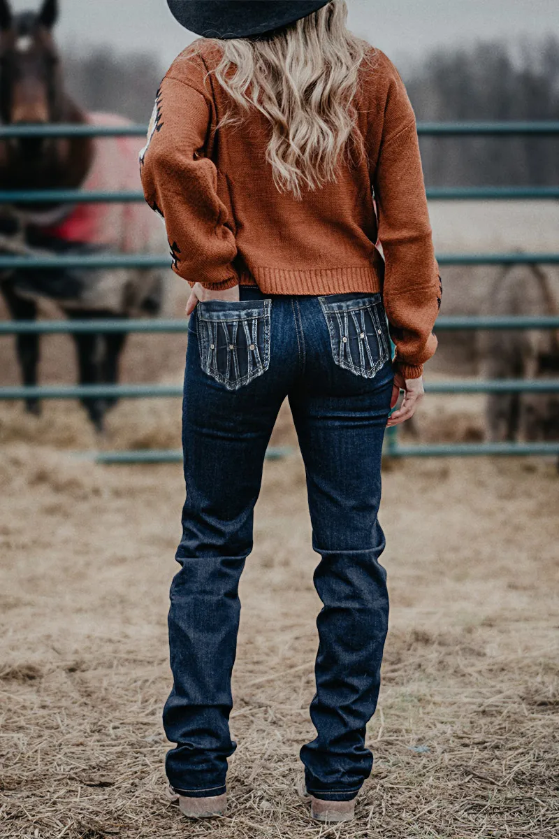 Mid Waist Rhinestone Decor Straight Leg Jeans Without Belt