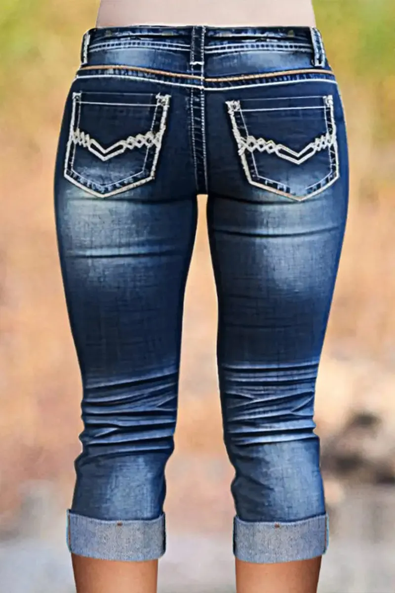 Ripped Stitch Pocket Wash Stretchy Low Waist Capri Jeans
