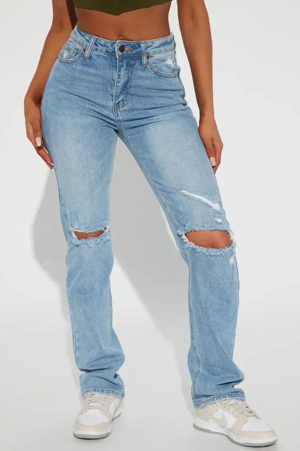 Daredevil Ripped Straight Leg Jeans - Light Blue Wash