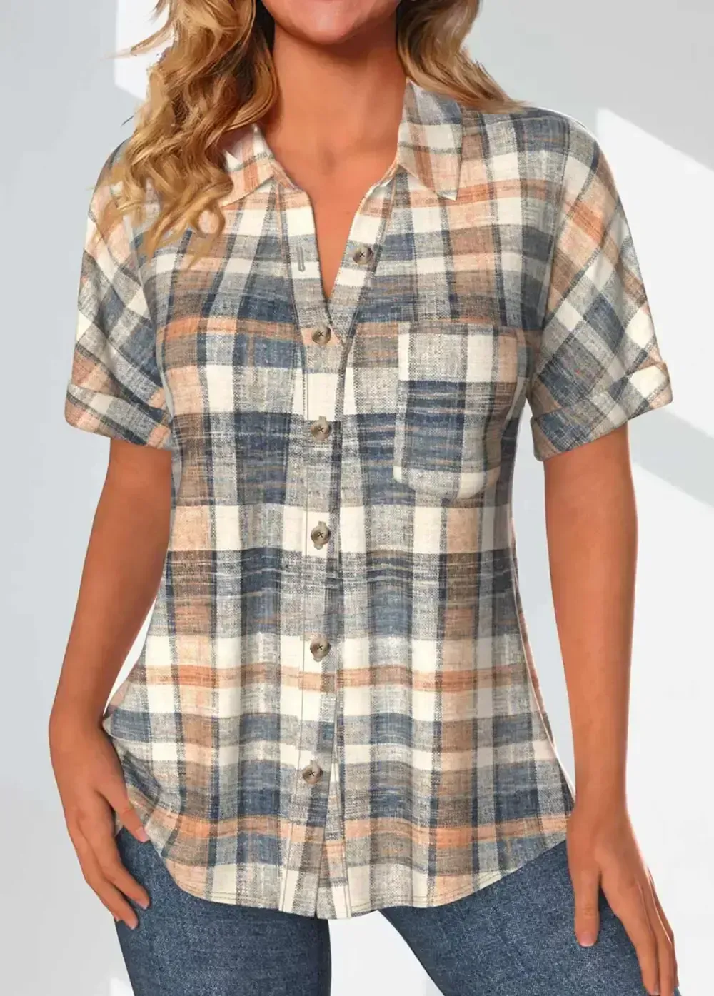 Denim Blue Pocket Short Sleeve Shirt Collar Blouse