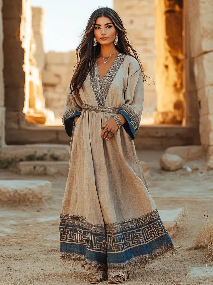 Retro Elegant Greek Key V Neck Linen Blend Maxi Dress