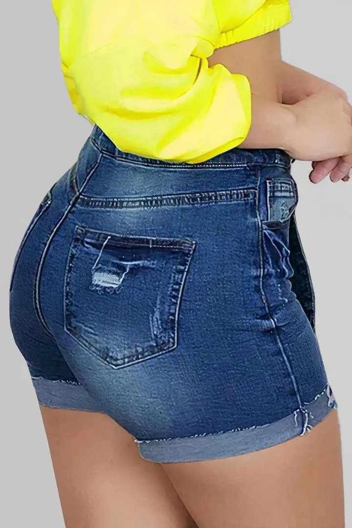 Tie Front High Waist Roll Hem Denim Shorts
