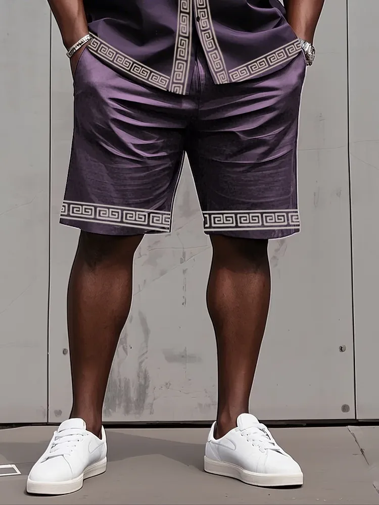 Big Man'S Retro Daily Casual Edge Color Block Printing Short Sleeve Shirt Shorts Suit