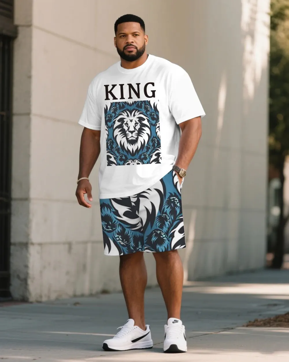 Big & Tall Men's Lion Print KING Printed T-Shirt and Shorts Suit