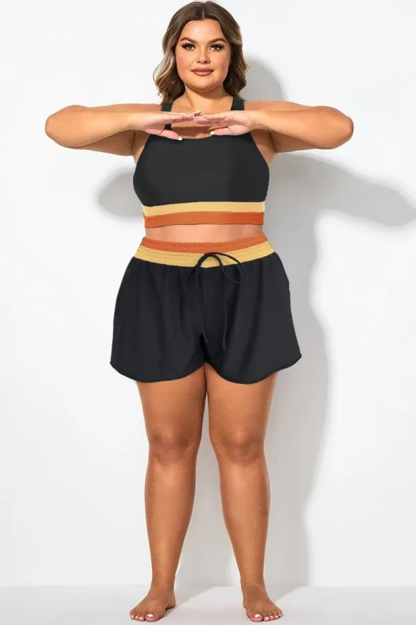 Plus Size Black Colorblock Mid Waist Women Shorts