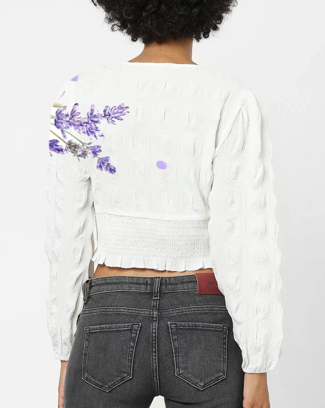 White Lavender Print V Neck Cropped Blouse