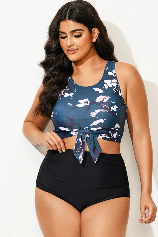 Green Floral Print Knotted Crop Bikini Top