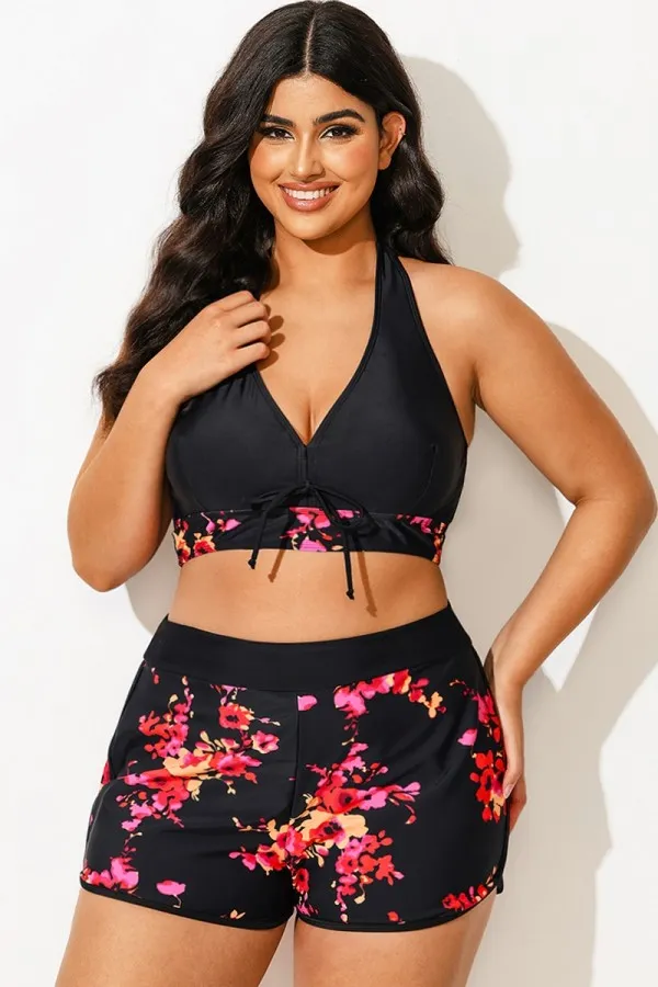 Floral Printed V-Neck Halter Sexy Bikini Top