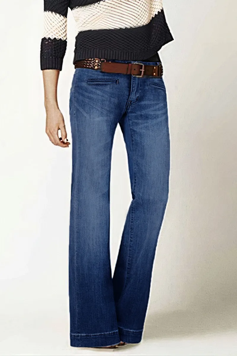 Washed Pocket Detail Low Rise Flare Jeans Without Belt