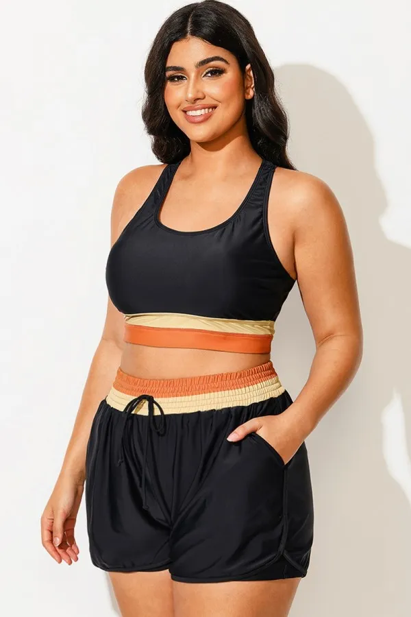 Plus Size Round Neck Orange Patchwork Bikini Top
