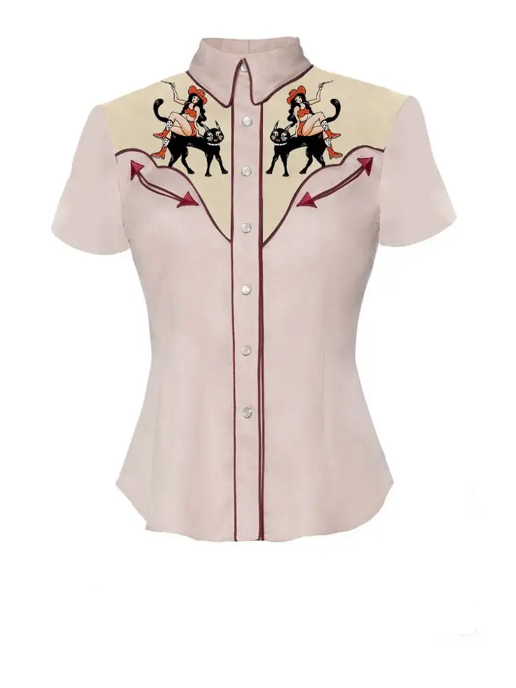 Western Woman & Cat Print Shirt