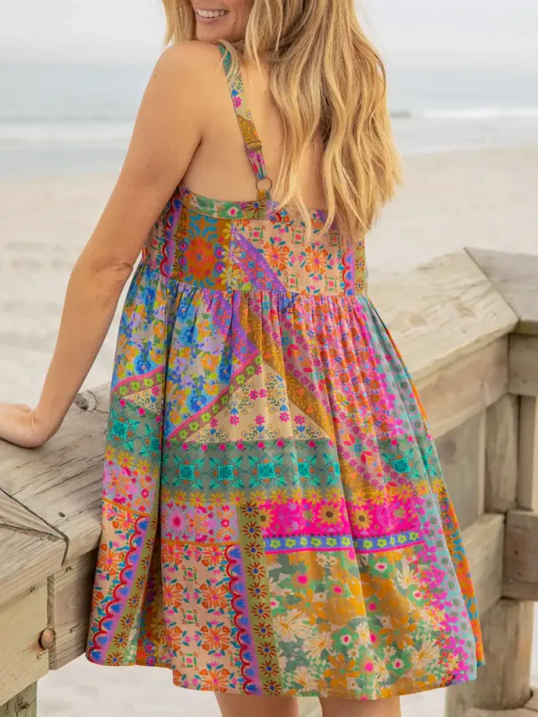 Women's Casual Floral Print Cotton And Linen Dress