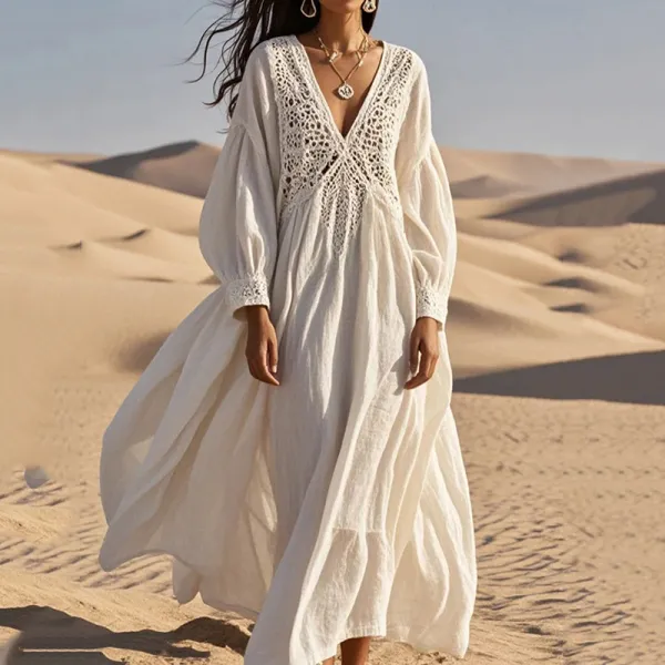 Women's Loose White Lace Patchwork Cotton Holiday Hollow Out Spring Dress