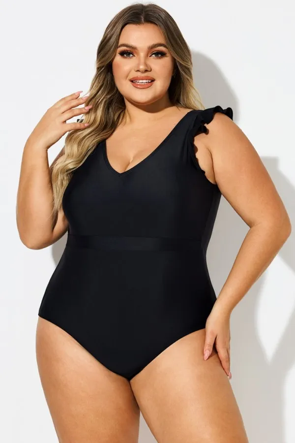 Black Ruffle Sleeves V-Neck One Piece Swimsuit