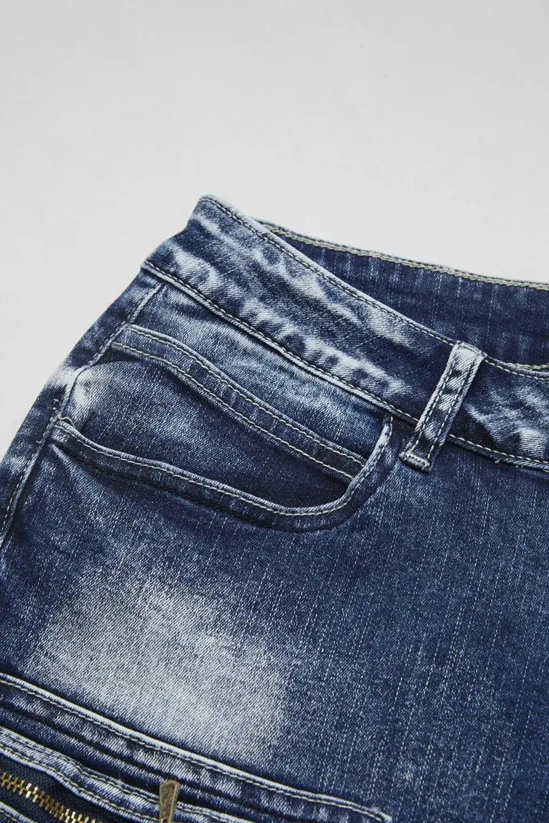 Zip Pocket Roll Hem Mid Waist Crop Jeans Without Belt