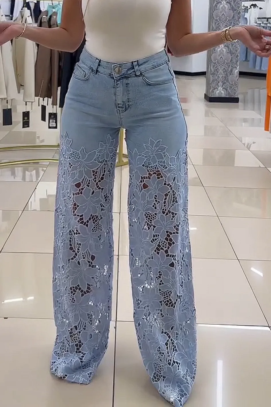 Women'S Fashion Lace Hollow Stitching Jeans