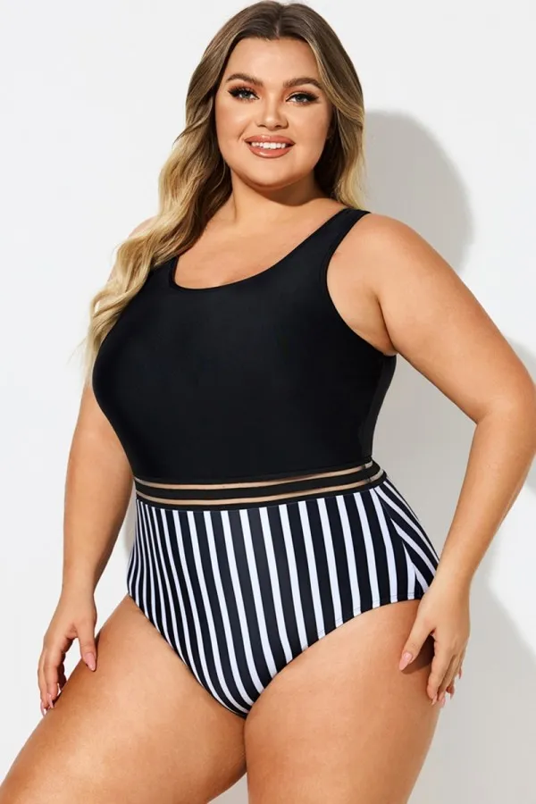 Black & White Round Neck Striped Mesh One Piece Swimsuit