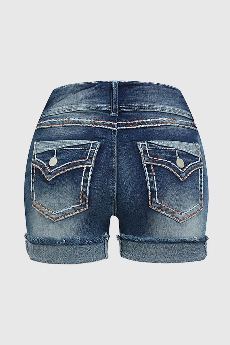 Roll Hem Button Up High Rise Denim Shorts