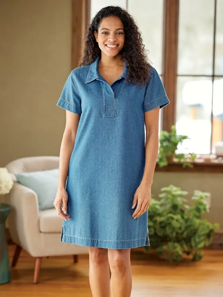 Casual Denim Short-Sleeve Popover Dress