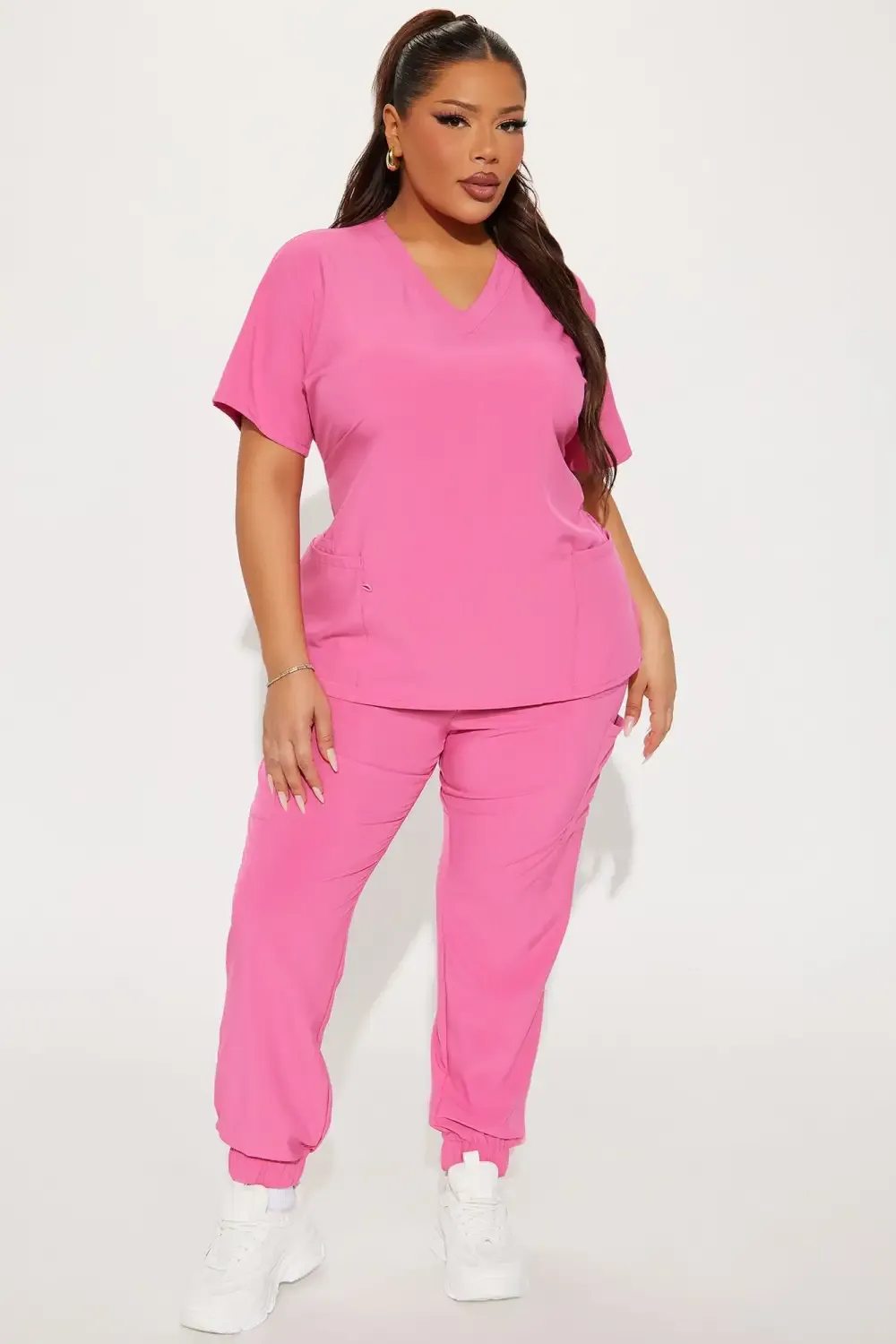Working On It Stretch Uniform Scrub Jogger Set - Hot Pink