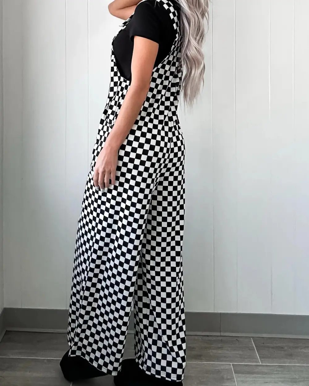 Checkered Wide Leg Jumpsuit - Black