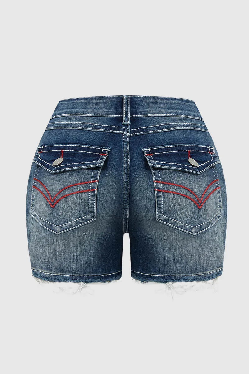 Stitch Pocket Raw Hem Mid Waist Denim Shorts