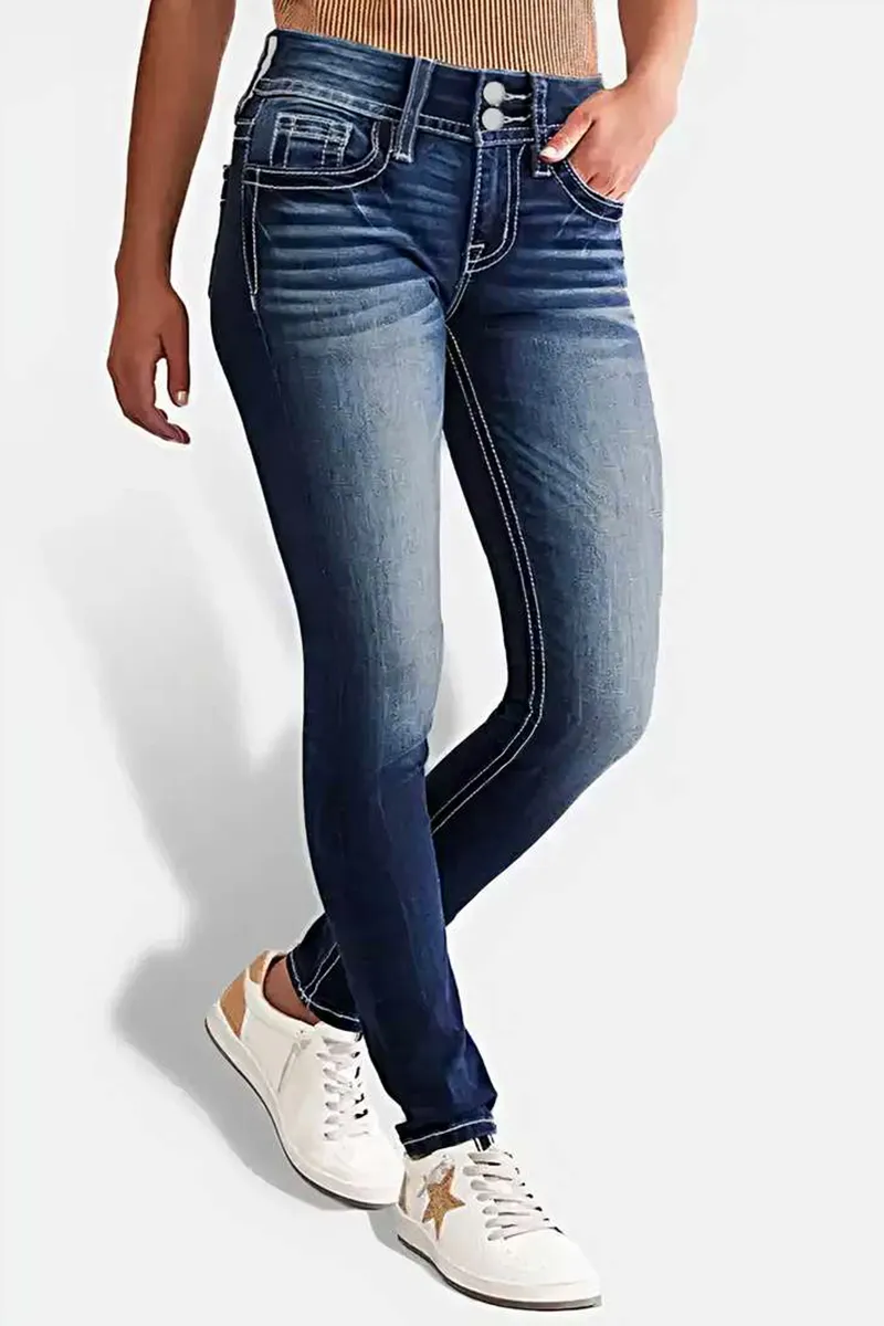 Double Button Wash High Stretch Mid Waist Skinny Jeans