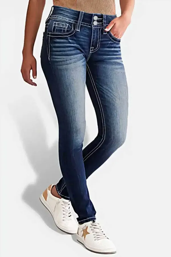 Double Button Wash High Stretch Mid Waist Skinny Jeans