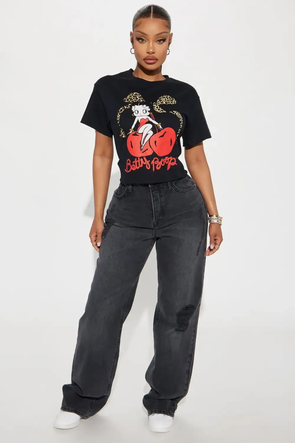 Betty Boop Cherry Leopard Cropped Tee - Black