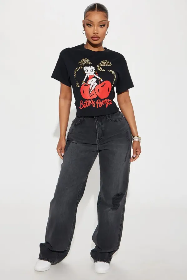 Betty Boop Cherry Leopard Cropped Tee - Black