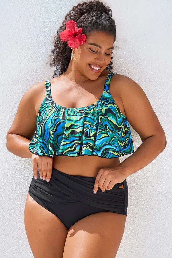 Black Abstract Print Scoop Neck Bikini Top
