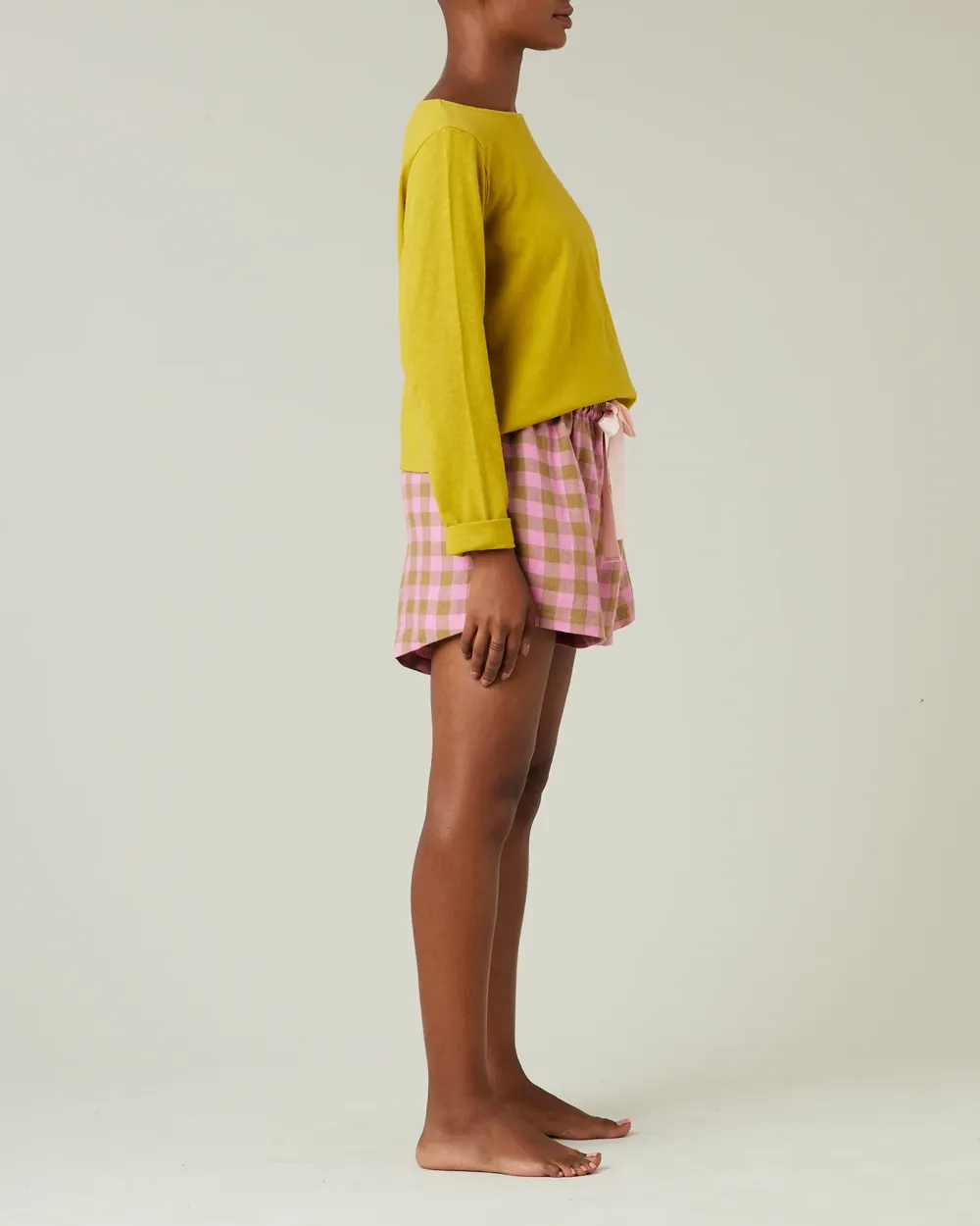 SHORTS PINK & OLIVE CHECK LINEN