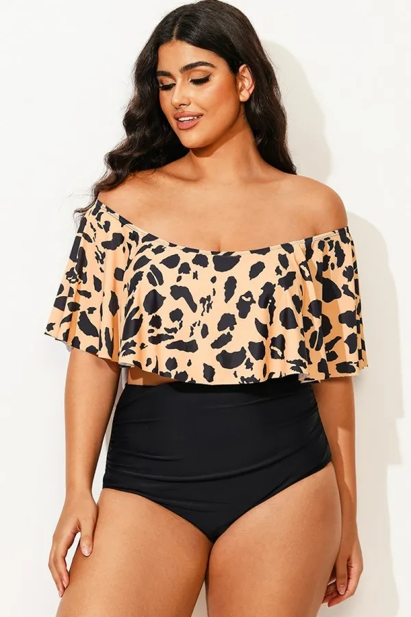 Leopard Print Ruffle Off Shoulder Bikini Top