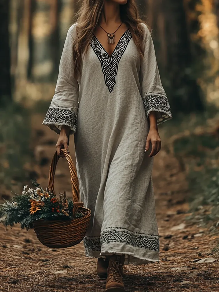 Vintage Viking Celtic Cotton Linen Crew Neck Mixi Dress