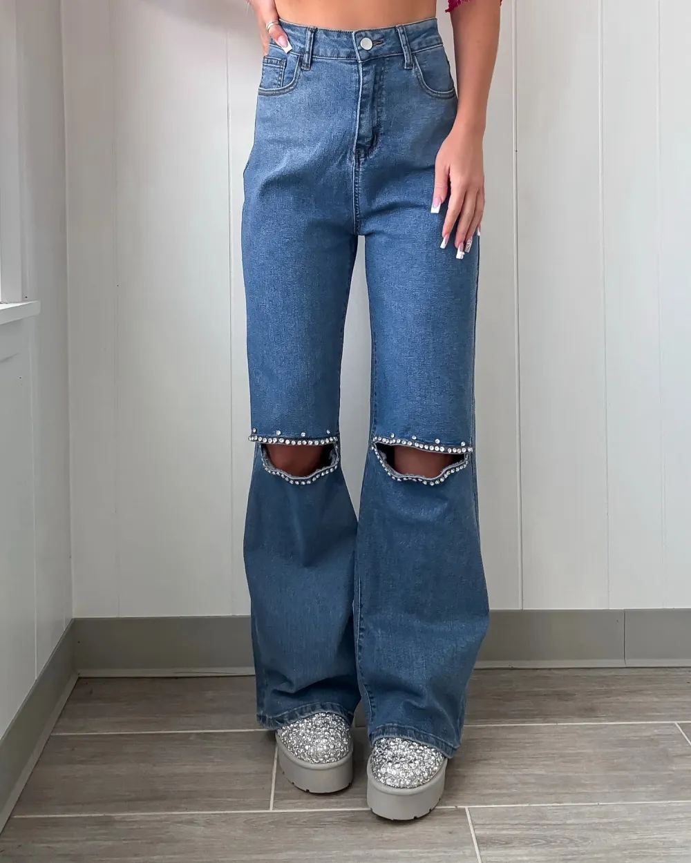 Wide Leg Cutout Jeans - Denim