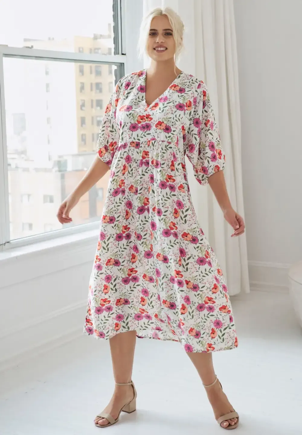 Blouson Sleeve Empire Midi Dress