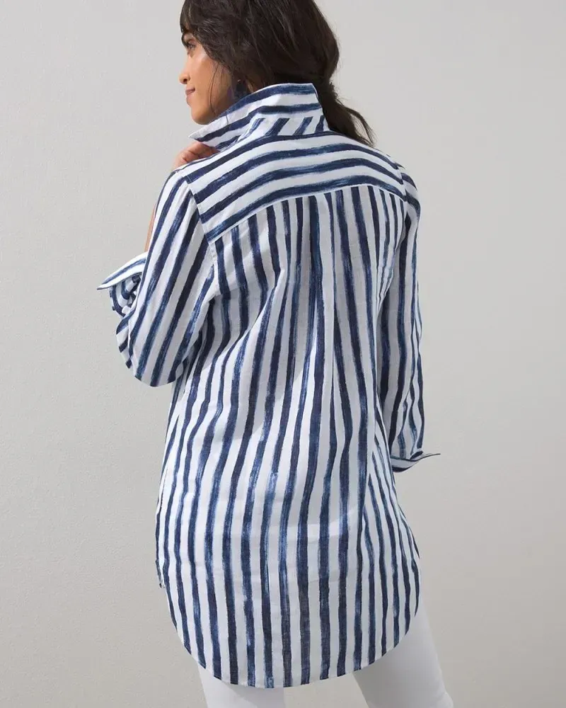 No-Iron Linen Stripe Tunic Classic Navy
