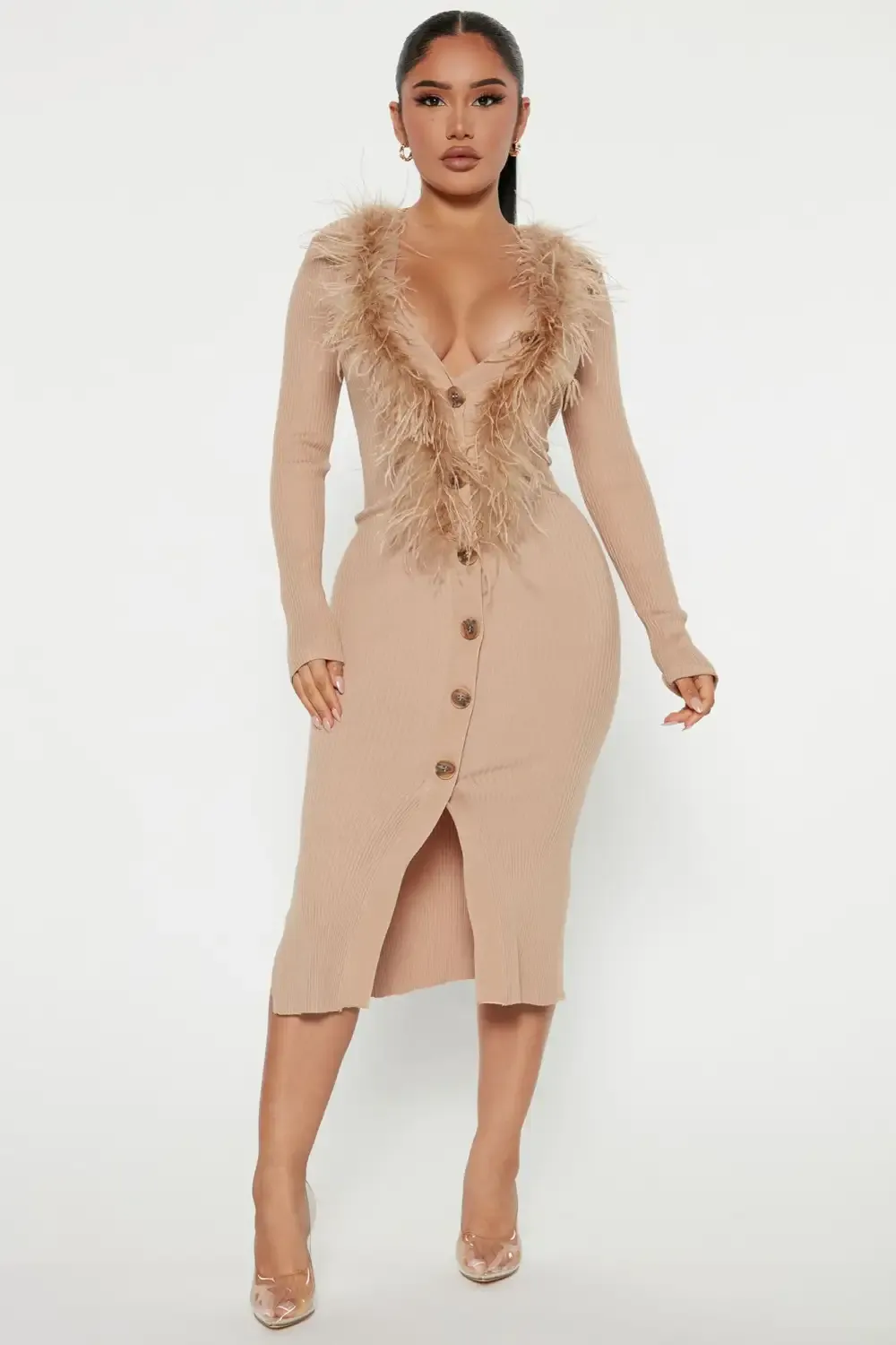Casey Ribbed Feather Midi Dress - Taupe