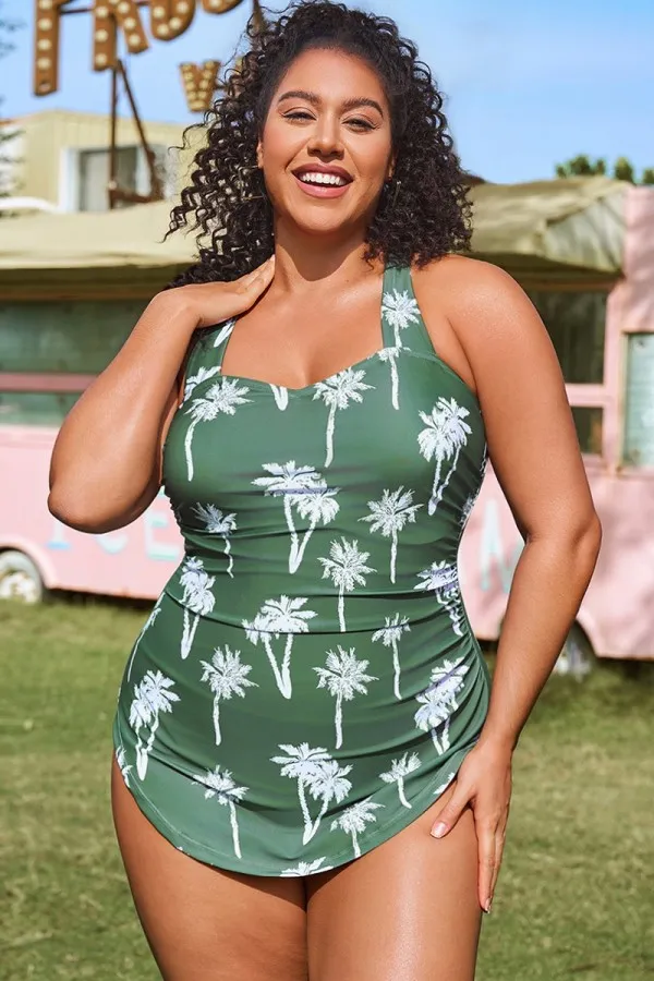 Green Palm Tree Slim One Piece Swimsuit
